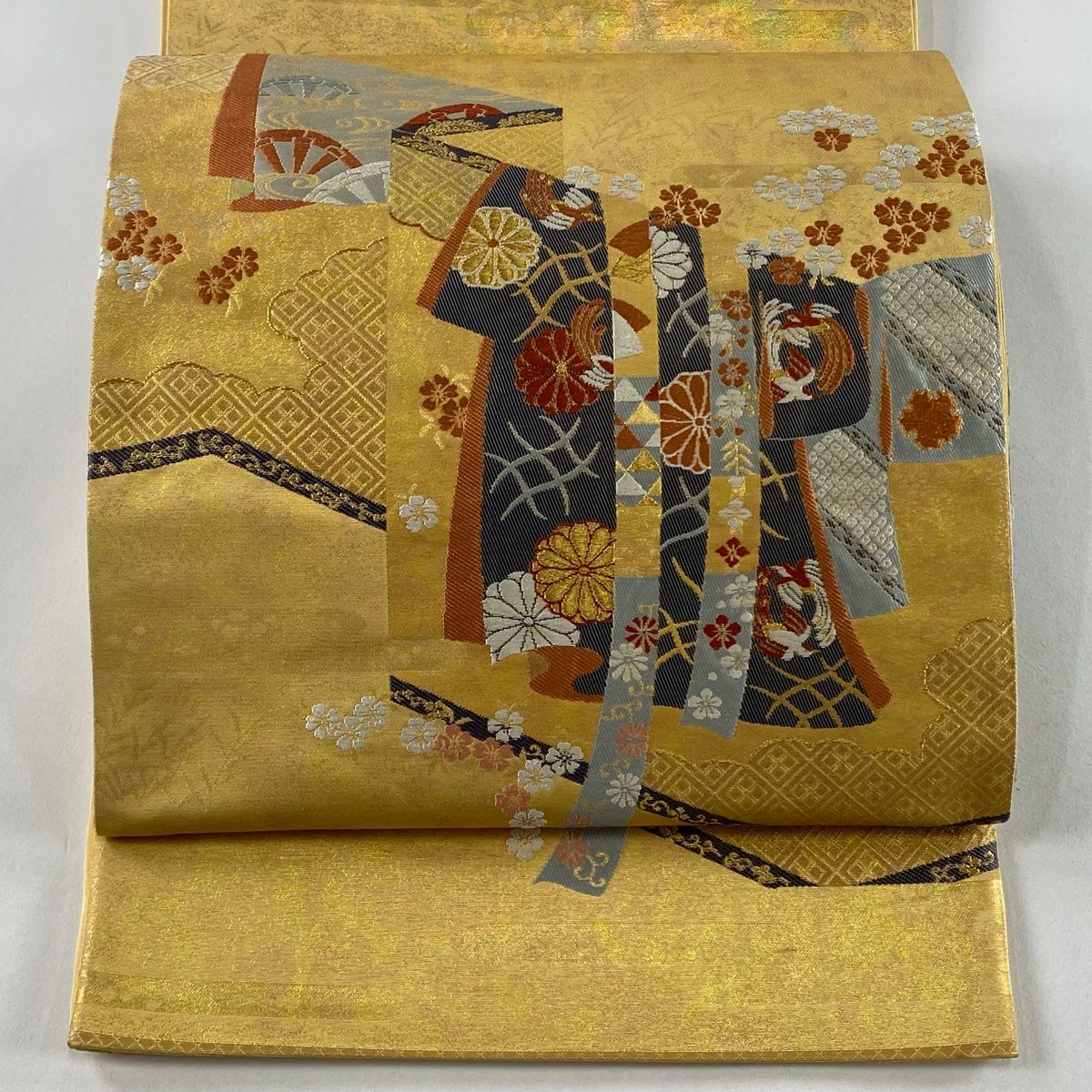 袋帯 秀品 関西仕立て 誰が袖 花 金糸 箔 金色 お太鼓柄 正絹