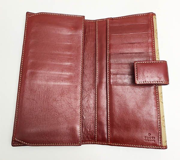 GUCCI 二つ折り財布 レッド/ベージュ グッチ Wホック二つ折り長財布 GGキャンバス ベージュ/レッド