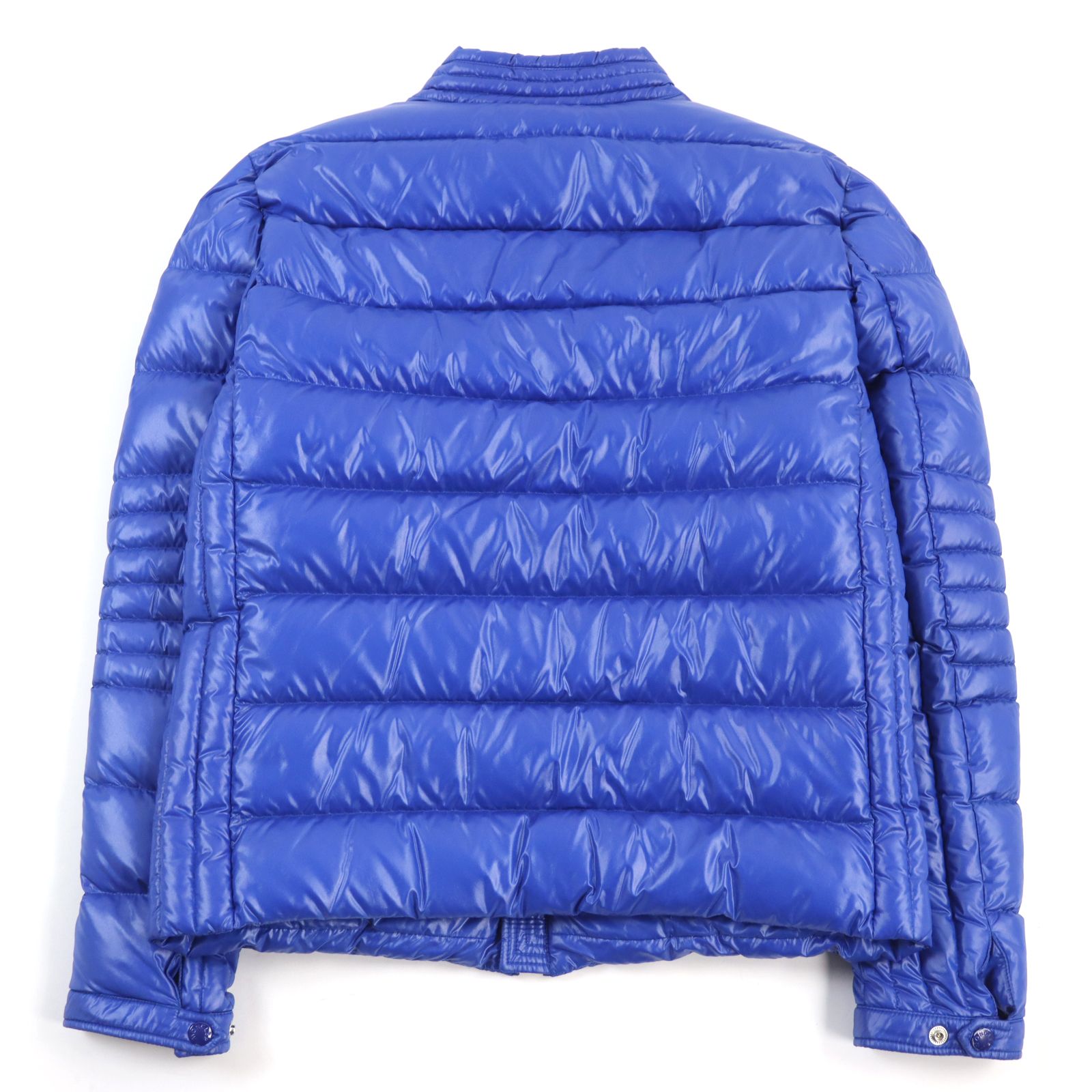 極美品○MONCLER モンクレール E20914091605 68950 BERRIAT GIUBBOTTO ロゴワッペン付き キルティング加工  スタンドカラー ダブルジップ バイカーダウンジャケット ブルー 4 正規品 メンズ