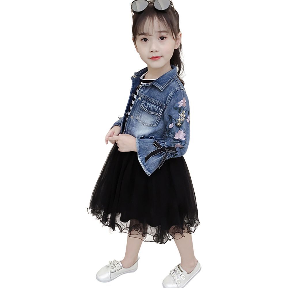 ブラック  110CM  キッズ ジャケット スカート セット 春夏秋 tz200 子供 服 女の子 セットアップ ジャケット フレア スカート 2点セット 上下セット セット チュールワンピース ワンピース デニ