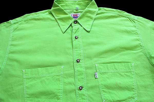 90s イタリア製 Levi'sリーバイス コットンシャツ 蛍光グリーン XL★ユーロ ヨーロッパ オールド ビンテージ ネオンカラー ビッグサイズ100%COTTONサイズ表記