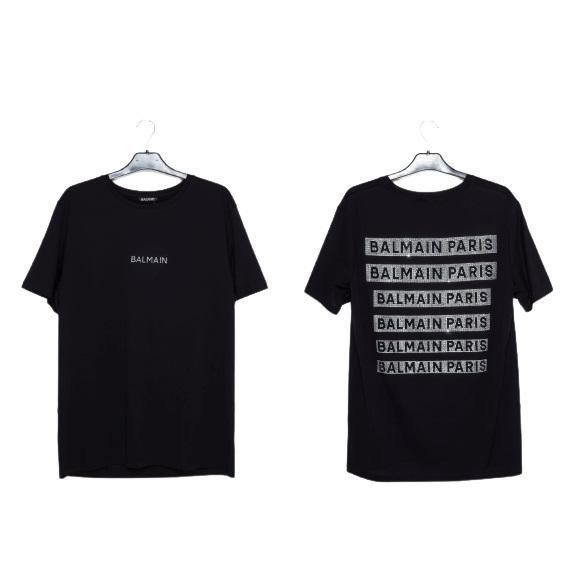 驚きの値段での商品をすべて BALMAIN バルマン ライン キラキラ 黒 ブラック Tシャツ メンズ トップス