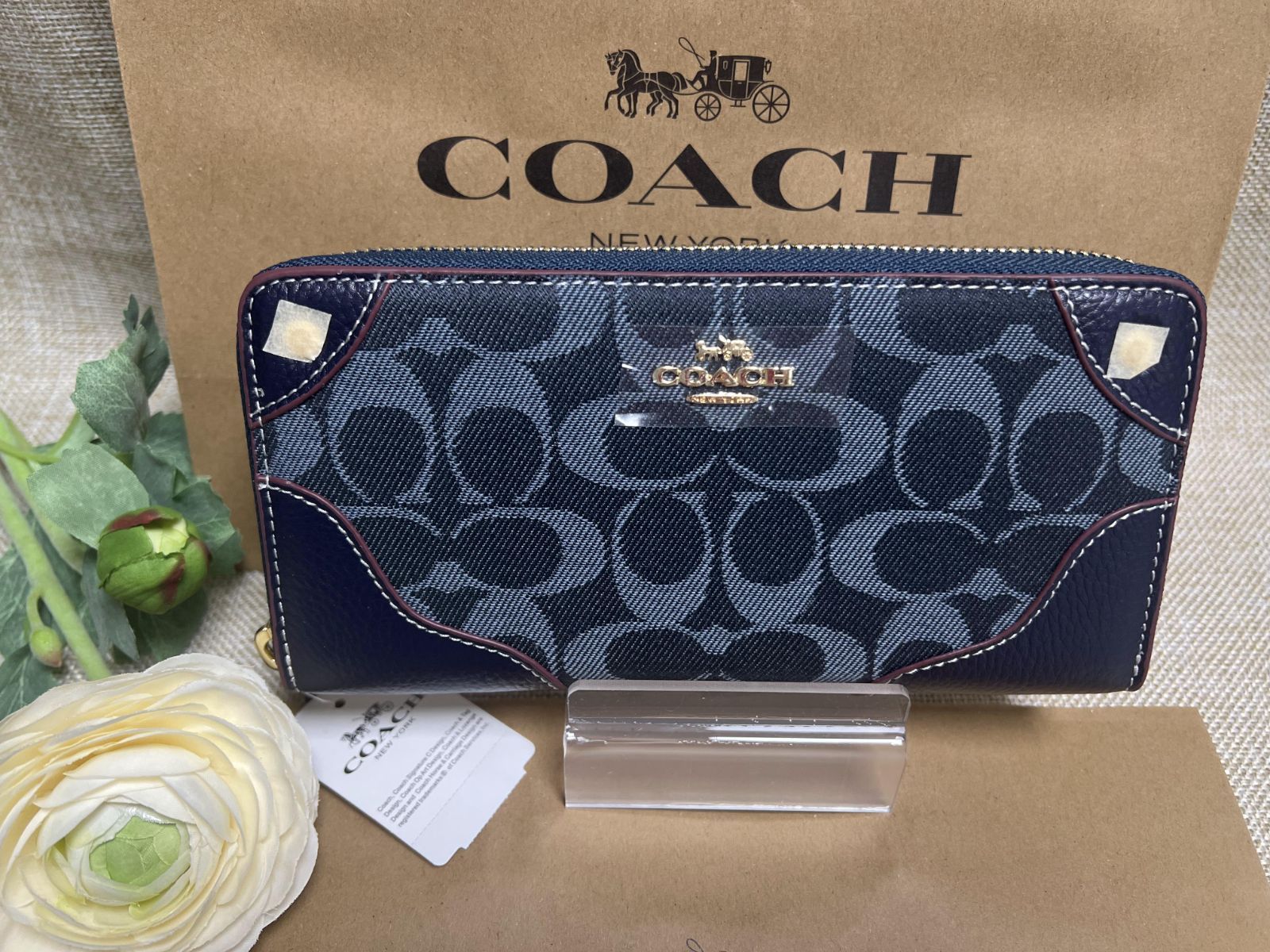 COACH 長財布 コーチ 財布 デニムレザー シグネチャー アコーディオン 