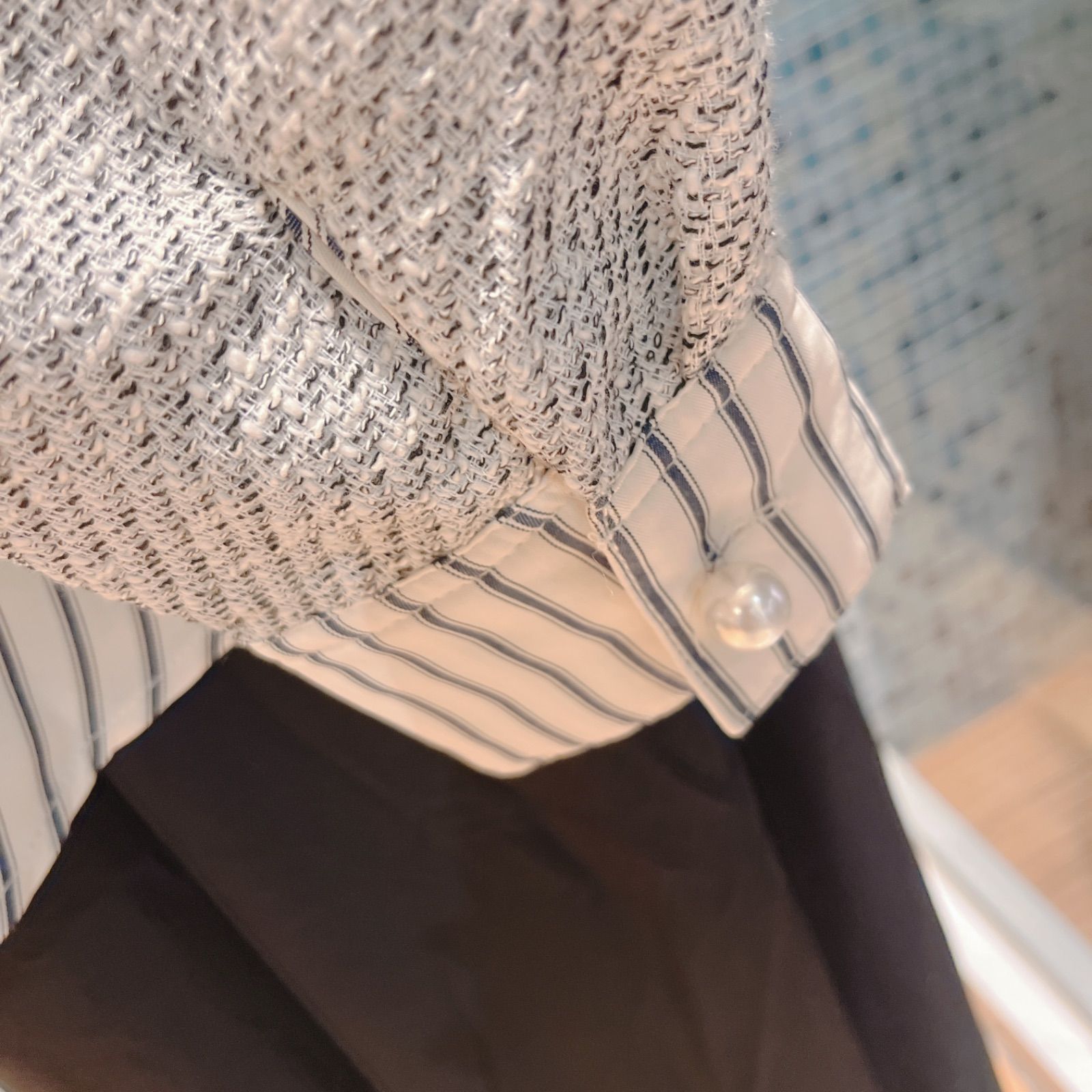 超安値登場！ デニム×ツイード ブルゾン ジャケット 異素材 Vネック パールボタン ジップアップ 2025新作品質保証。