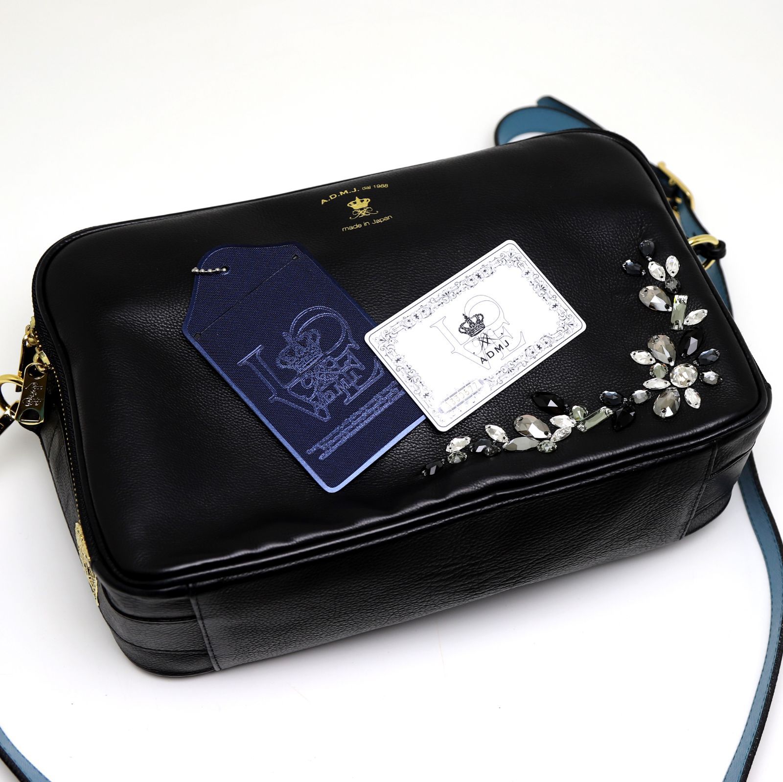 A.D.M.J. スワロフスキー スクエア ショルダーバッグ ネイビー ソフト