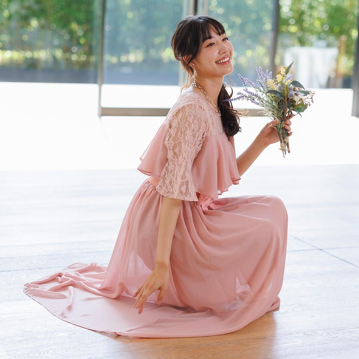 ピンク フリル ねむり ロングドレス