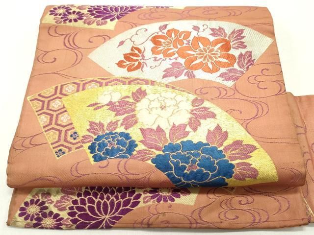 平和屋着物●アンティーク 大正ロマン 九寸名古屋帯 唐織 地紙重ね草花文 金銀糸 正絹 DAAW6853ob
