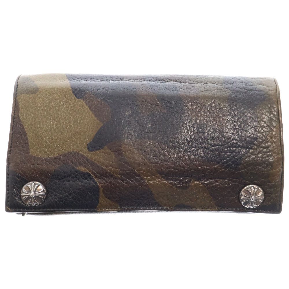 CHROME HEARTS (クロムハーツ) LONG WALLET グリーシー クロスボタン レザー ロングウォレット 長財布 カーキ カモフラ柄 迷彩