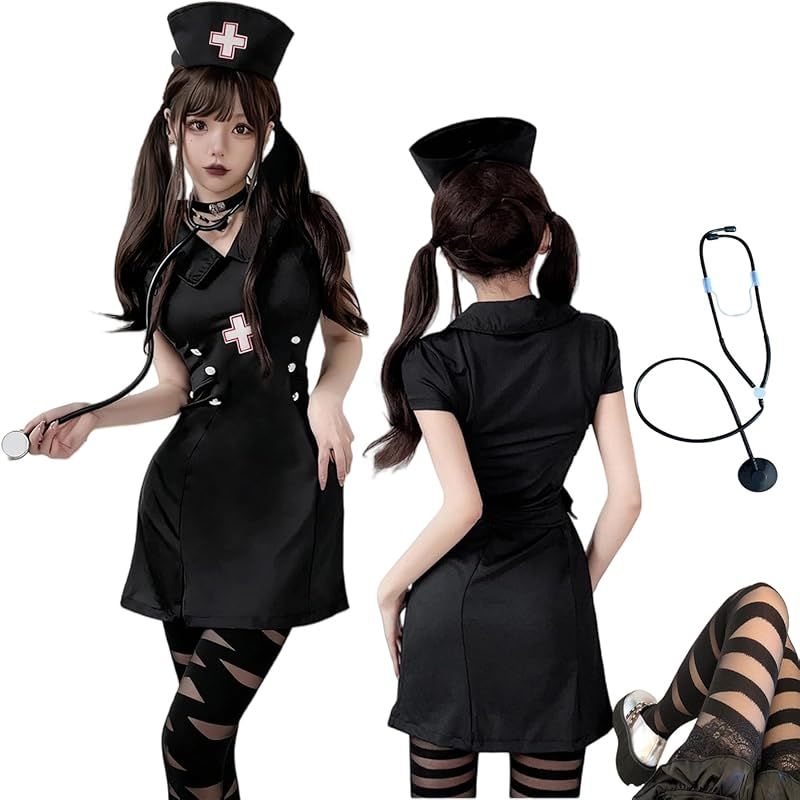 【新品】 [kotten-hg168] 【ハロウィン】ナースコスプレ コスチューム 女性【4点セット】白黒看護婦 ドクターコス 医者 看護士 ...