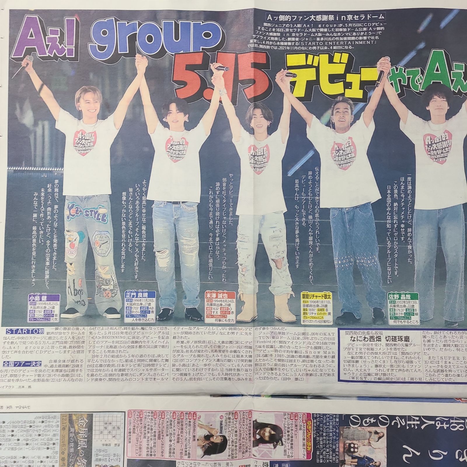 3月17日 朝刊 Aぇ！group 5.15デビュー！！ スポーツ紙全6社