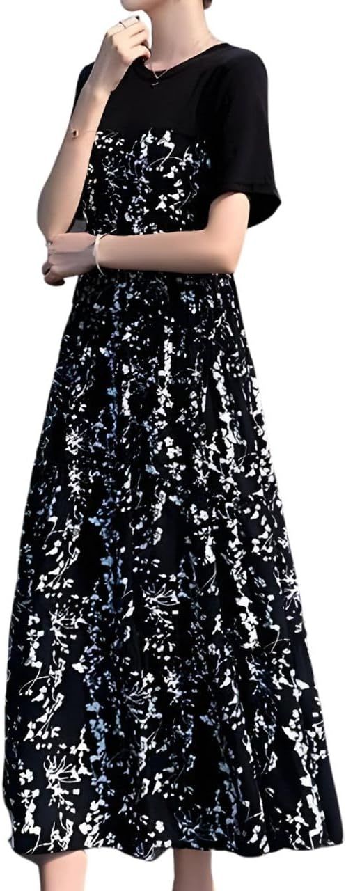 フローラル柄 シフォン 重ね着風 ロングワンピ 半袖 ゆったり フローラル柄 シフォン 重ね着風 ロングワンピ 半袖 ゆったり