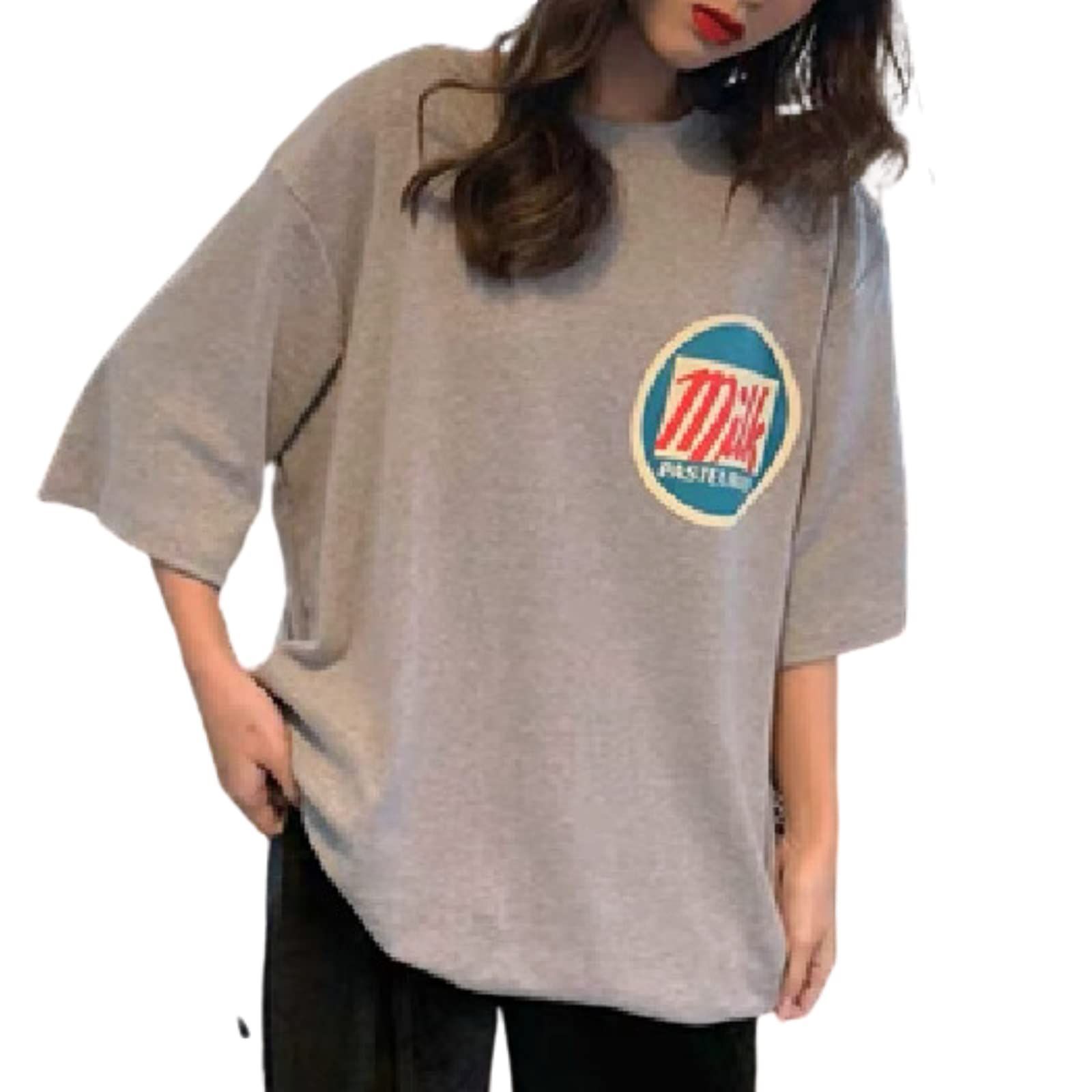 【新着商品】[myuse] tシャツ トップス 半袖 カットソー 【ロゴ×可愛い×Uネック×韓国風×オーバーサイズ×ゆったり×おしゃれ】