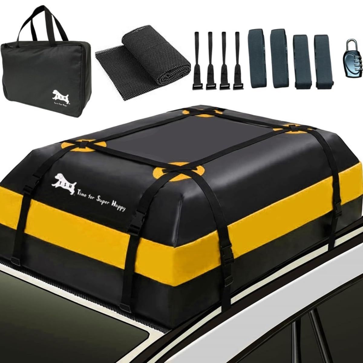 T.S.H カーキャリア ルーフカーゴバッグ 防水カーゴバッグイエロー ４１５L １１２ｘ８６ｘ４３センチ 積載 荷物 車 スペース 屋根 ルーフバッグ 防水 ルーフボックス カーゴバッグ 車 折り畳み 取付簡単 ルーフキャリアバッグ 防雪 防風 防