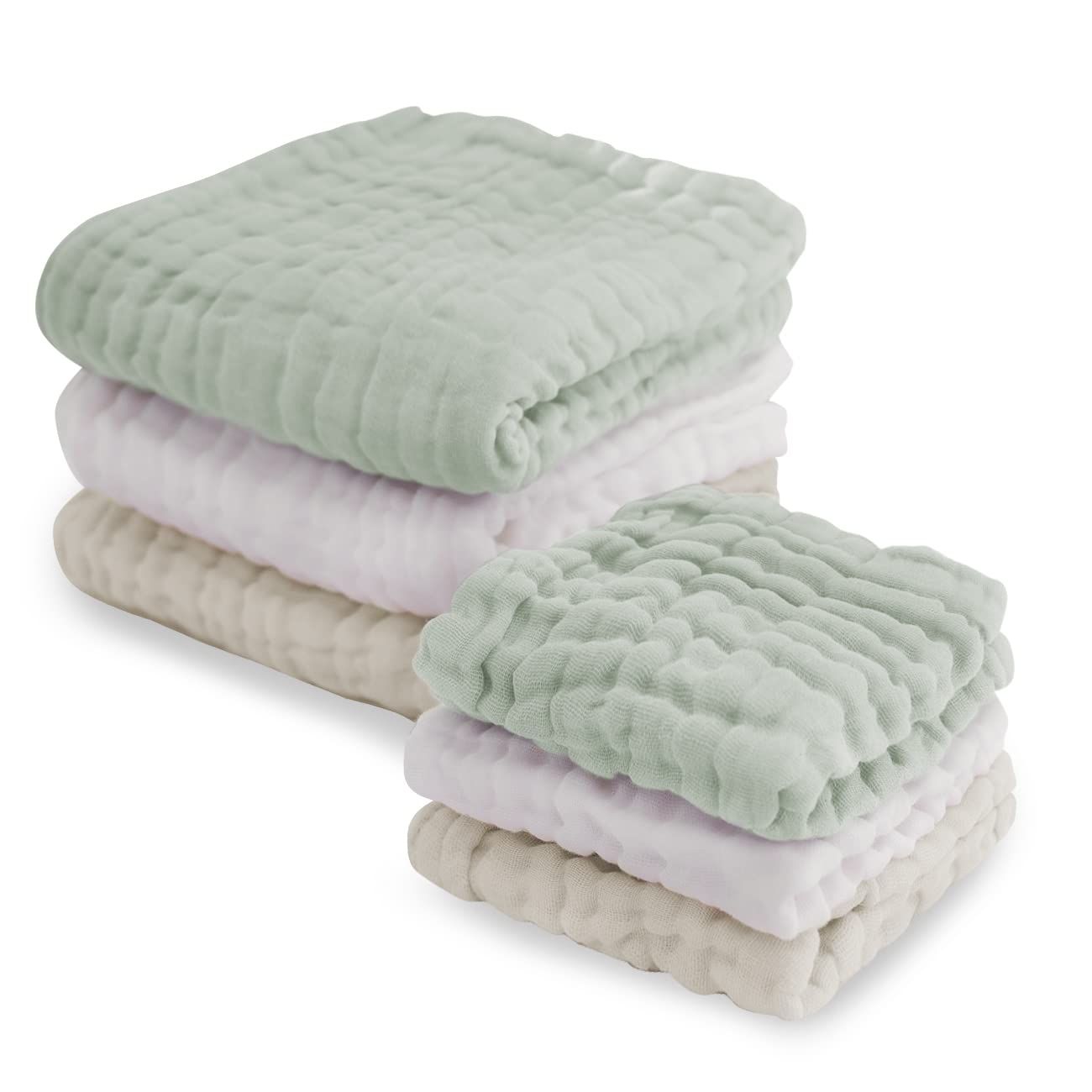 ベビー タオル くすみカラー ハンカチ 6枚セット 沐浴ガーゼ (ハンカチ・タオルセット（グリーン イブル ベージュ (ケラッタ) ホワイト）)