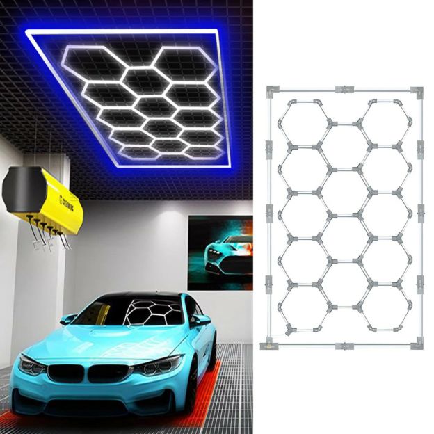 ガレージライト カラフルLED 洗車室 天井用 110V ハニカムライト 3000-6500K 高輝度 DIYセット 白 暖かい光 防水 DIYセット おしゃれ 車の装飾 美容 修理用 PCプラスチック製 六角形 照明 カーポート
