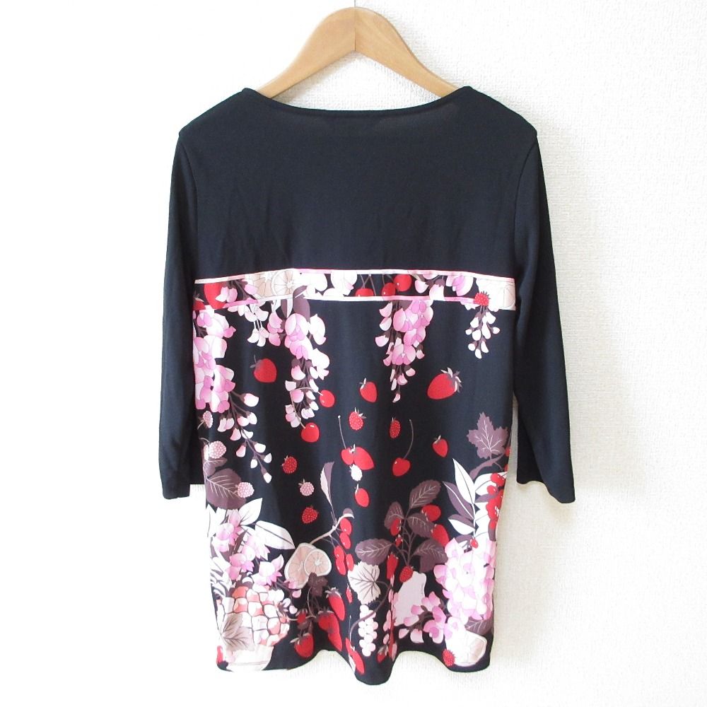 LEONARD SPORTS レオナールスポーツ フルーツ フラワープリント 七分袖 チュニック カットソー 38 ブラック×ピンク レディース 古着