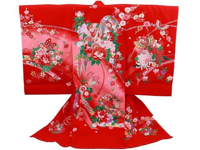 お宮参り 金刺繍入り 正絹 着物 長襦袢 セット 女児 女の子 子供 産着 祝着 赤色 un-257