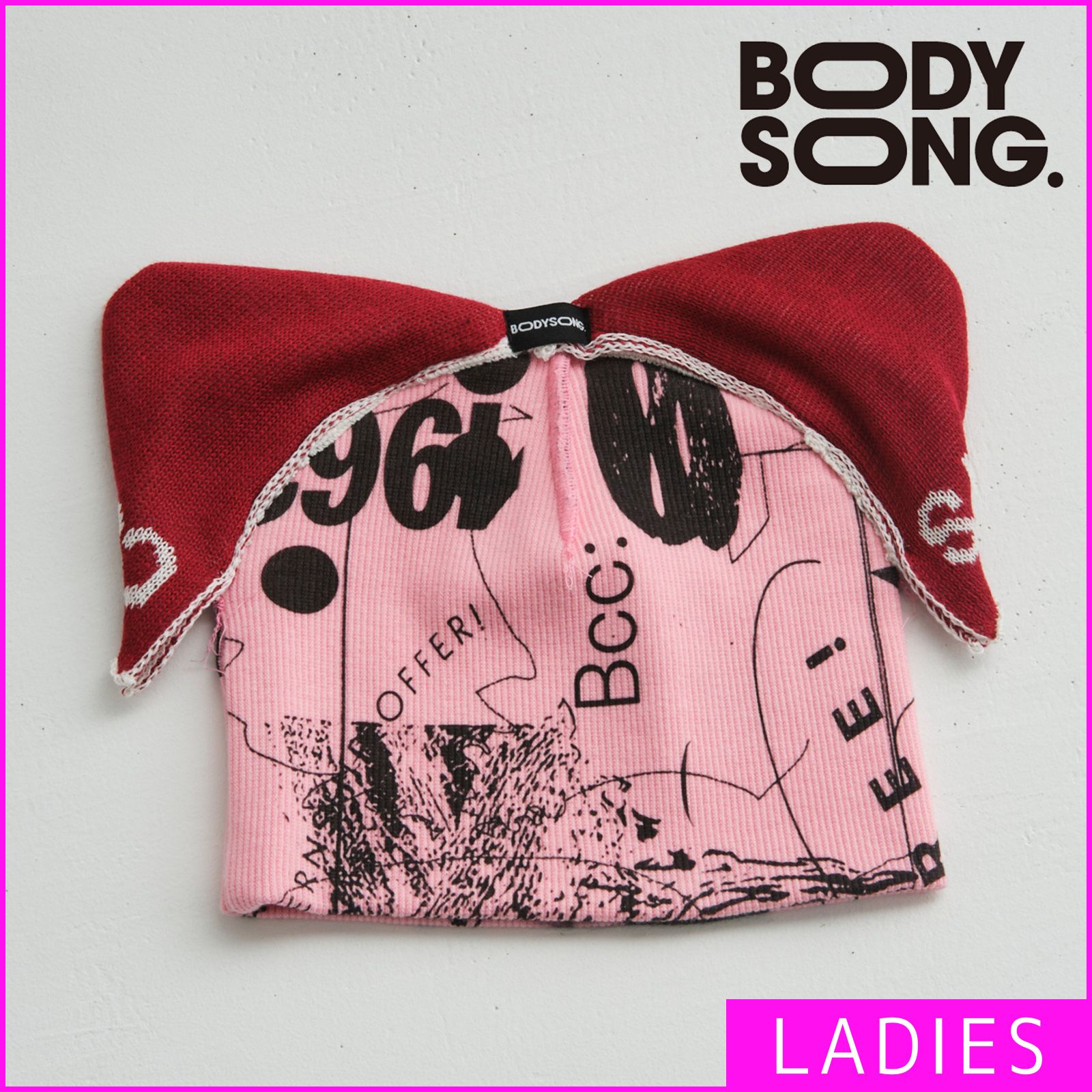BODYSONG. ニット帽 メンズ レディース ユニセックス ボディソング ブランド ビーニー 猫耳 耳 コットン かっこいい グラフィカル 帽子 ぼうし ボウシ 被り物 おしゃれ 派手 ピンク BS240708-CPMR