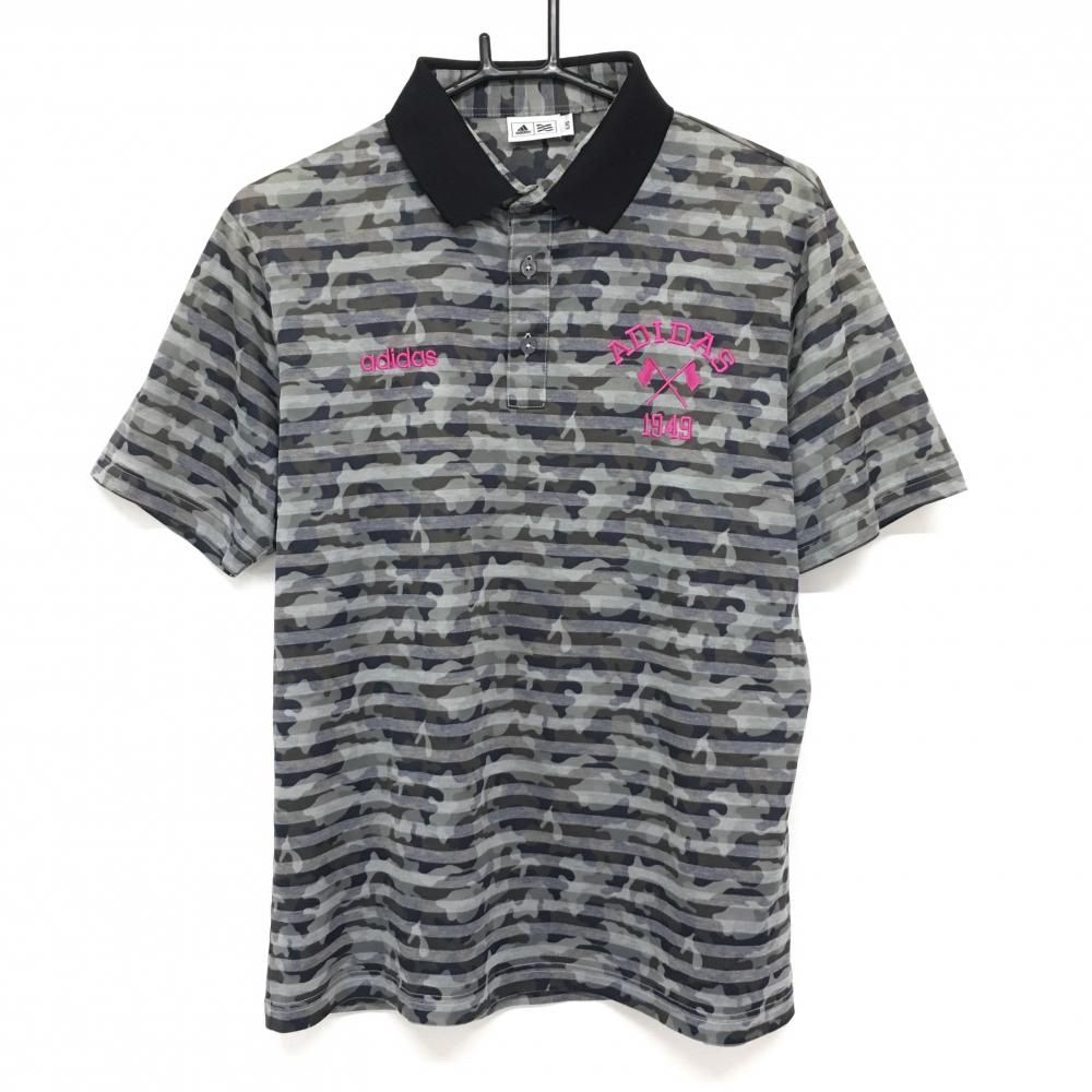 SALE25％OFF【超美品】アディダス 半袖ポロシャツ グレー×カーキ ボーダー 迷彩柄 カモフラ ロゴピンク メンズ L/G ゴルフウェア adidas