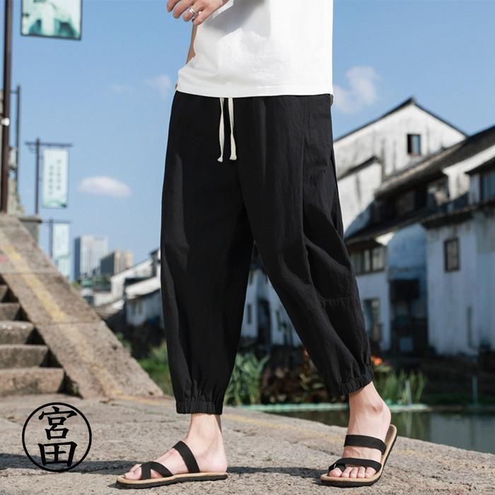 サルエルパンツ ワイドパンツ メンズ 無地 綿麻風 カジュアル