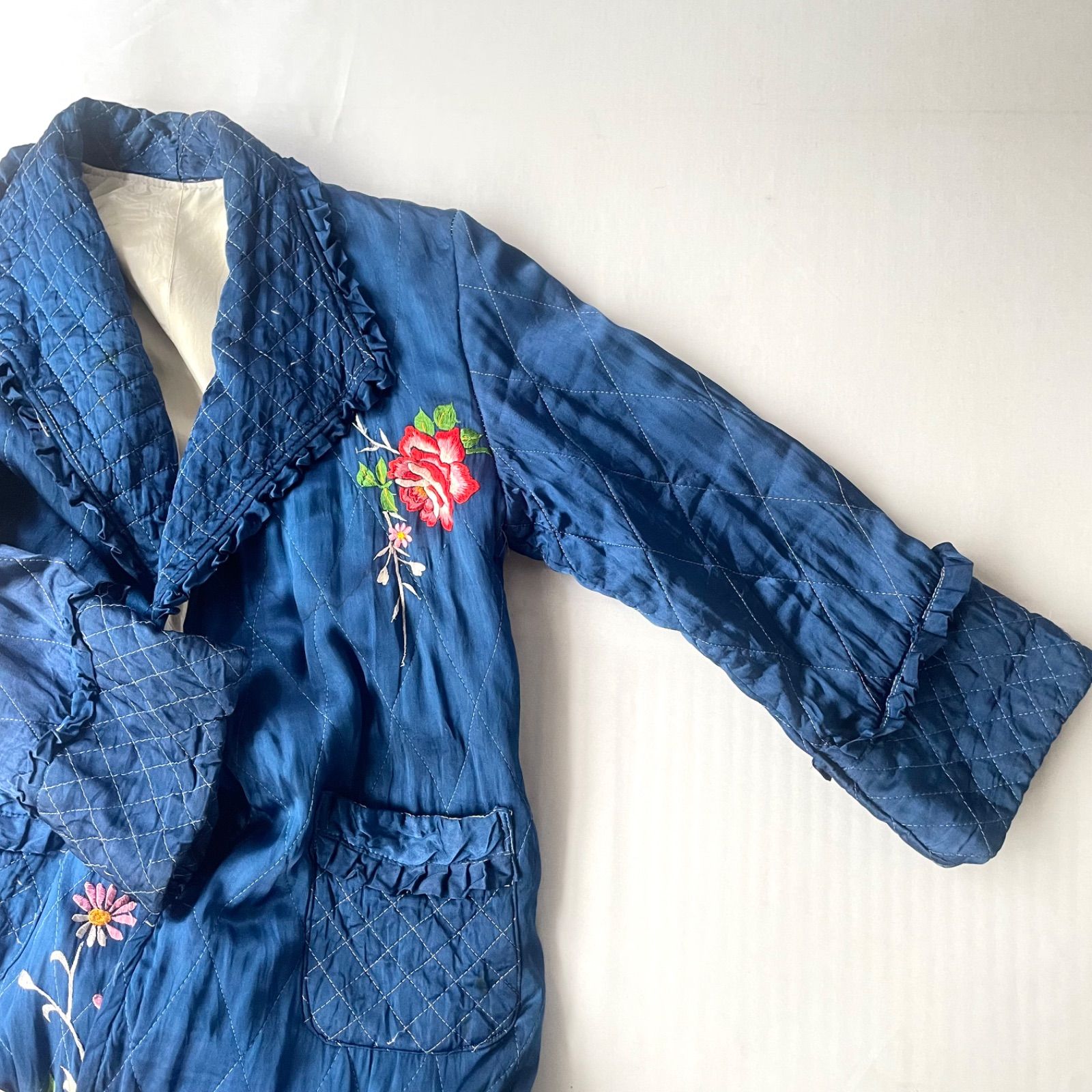 vintage 青 花柄刺繍 キルティング ロングガウン コート