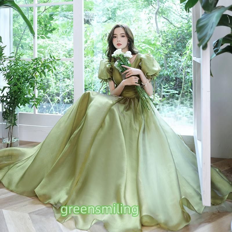 カラードレス 編み上げ 薄グリーン オフショルダー リボン ロング  