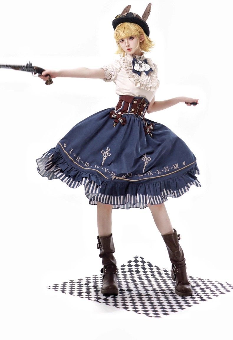 ロリータ スチームパンク 風 ジャンパースカート ✂️ スカート セット レトロ クラシック ボリュームスカート コルセット ベルト 茶 紺 アリス風 コスチューム アンティーク ゴスロリ 衣装 時計柄 刺繍 巻きスカート風 フリル ドール系 ファッション