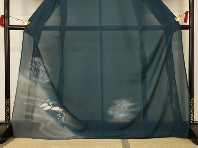 平和屋着物＊夏物　訪問着　絽　手描き　風景文　鷺　暈し染め　金彩　ロング丈　正絹　逸品　AABB8300jd 平和屋着物＊夏物 訪問着 絽 手描き 風景文 鷺 暈し染め 金彩
