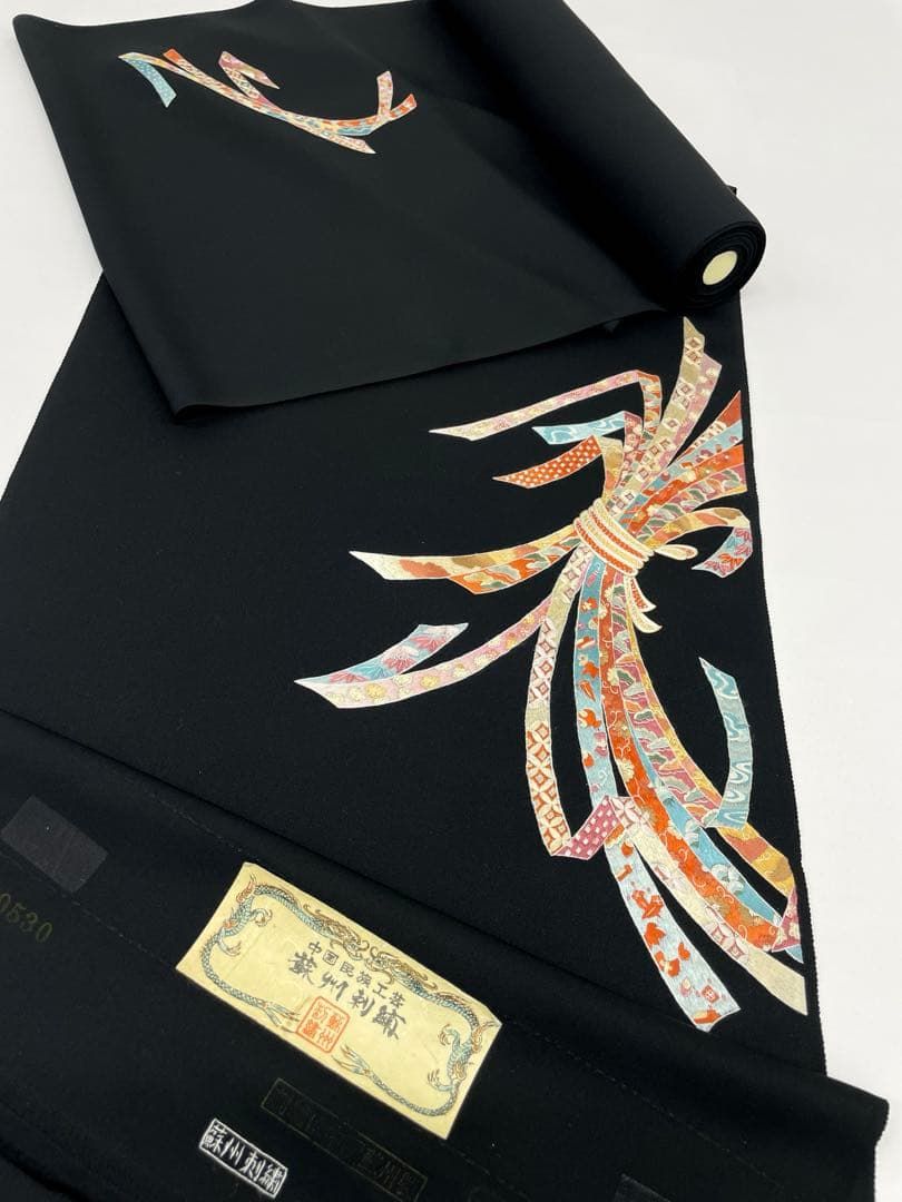 コート地 中国蘇州刺繍 絵羽コート 黒地 正絹 反物