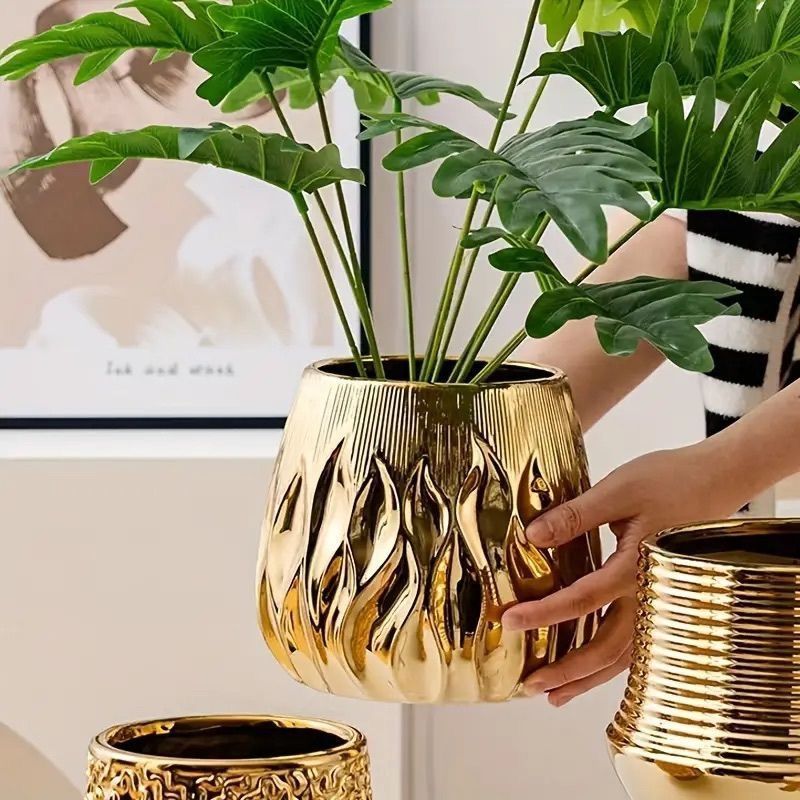 プランター フラワーポット フラワーベース 植木鉢 ゴールド セラミック 花瓶 花台 円形 シンプル おしゃれ インテリア モダン プレゼント ギフト lPWw395