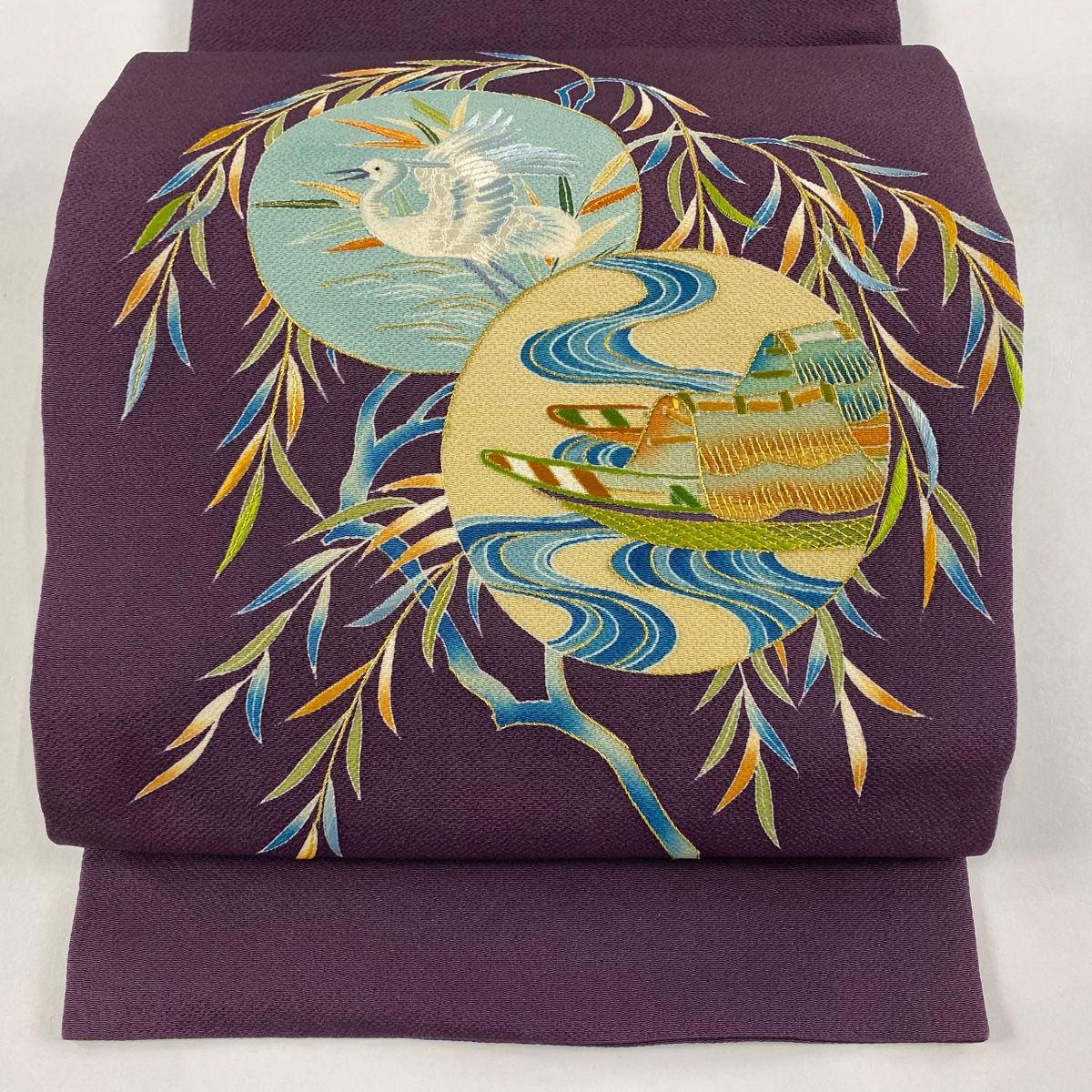 開き名古屋帯 大彦 落款 松葉仕立て 舟 鳥 金糸 刺繍 紫 正絹