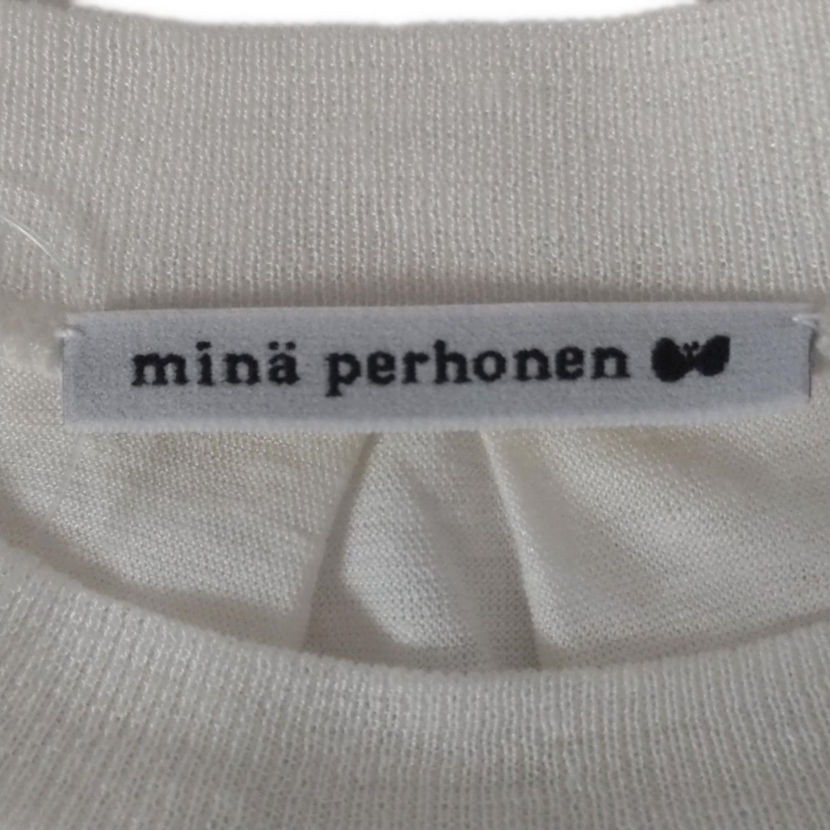  ミナペルホネン ノースリーブカットソー サイズ38 M レディース - オフホワイト×ダークネイビー シルク 麻 リーフ ノースリーブ Tシャツ カットソー