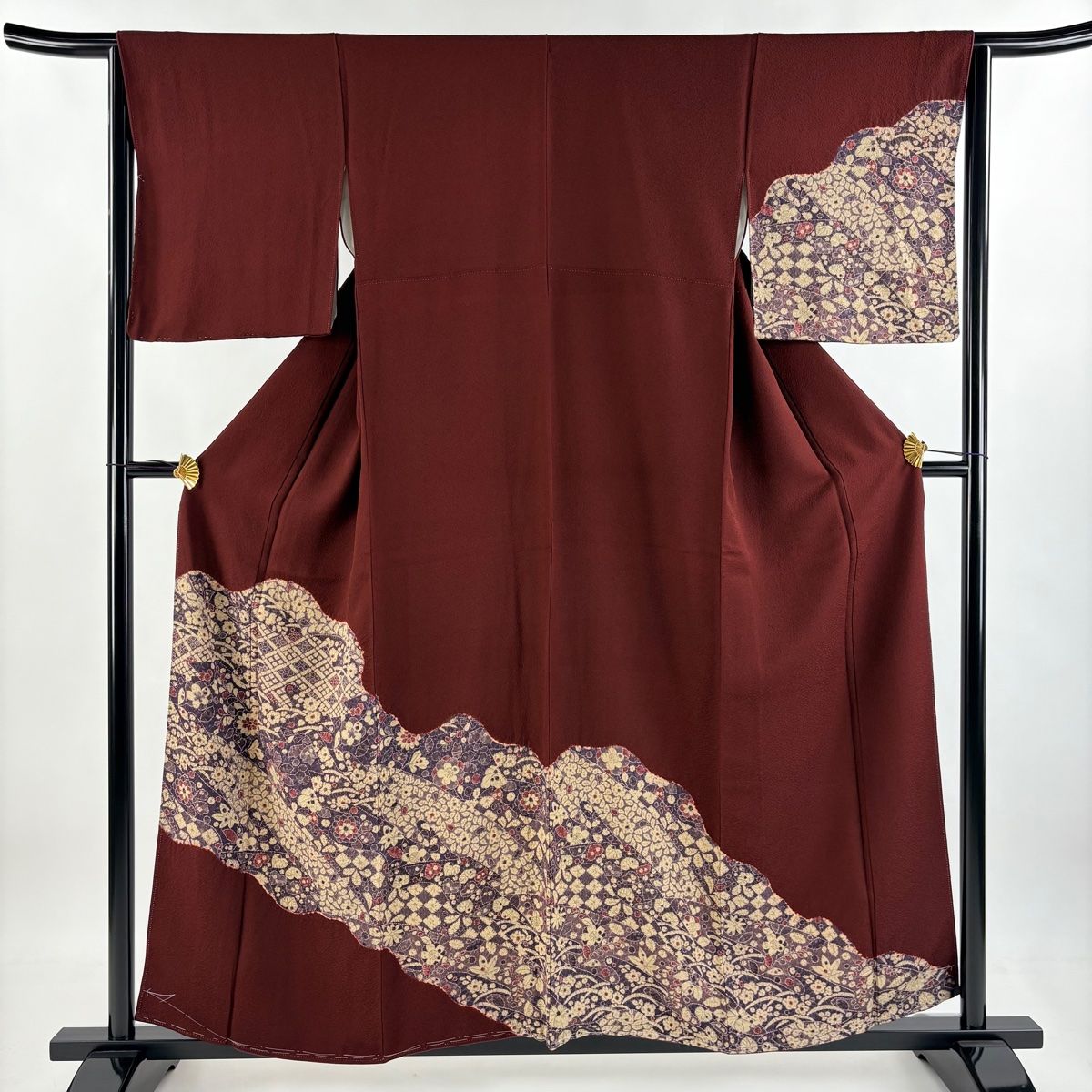 訪問着 身丈156.5cm 裄丈64cm M 袷 草花 道長取 赤紫 正絹 秀品