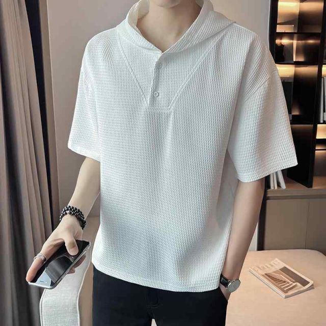 秋冬 コーデ メンズ  服 シンプル ファッション オシャレ 大人 かっこいい 大きいサイズ ストリート 紳士服 ワッフル 半袖 T シャツ ブラック 七分袖 フード付き トップス 