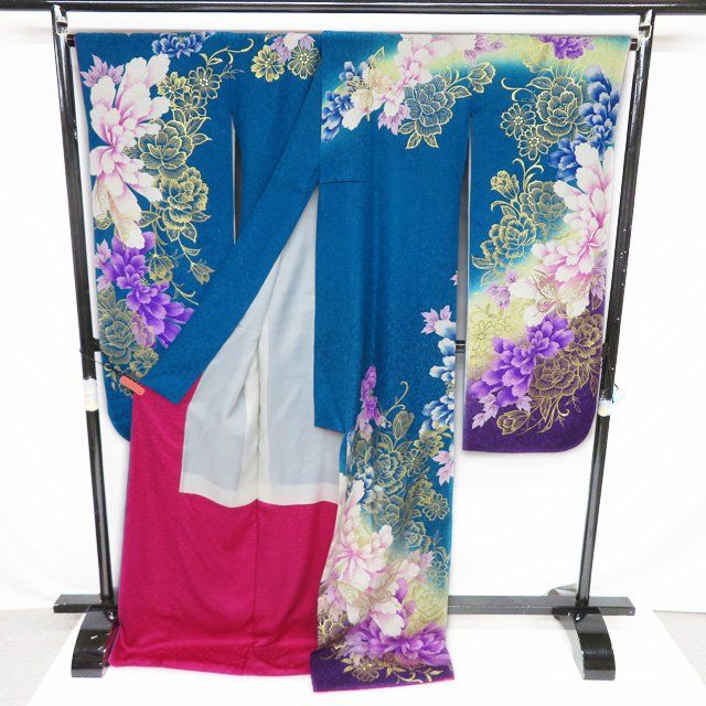 振袖 着物 中古 正絹 金彩 花模様 牡丹 桜 蝶 L トール A1159-3