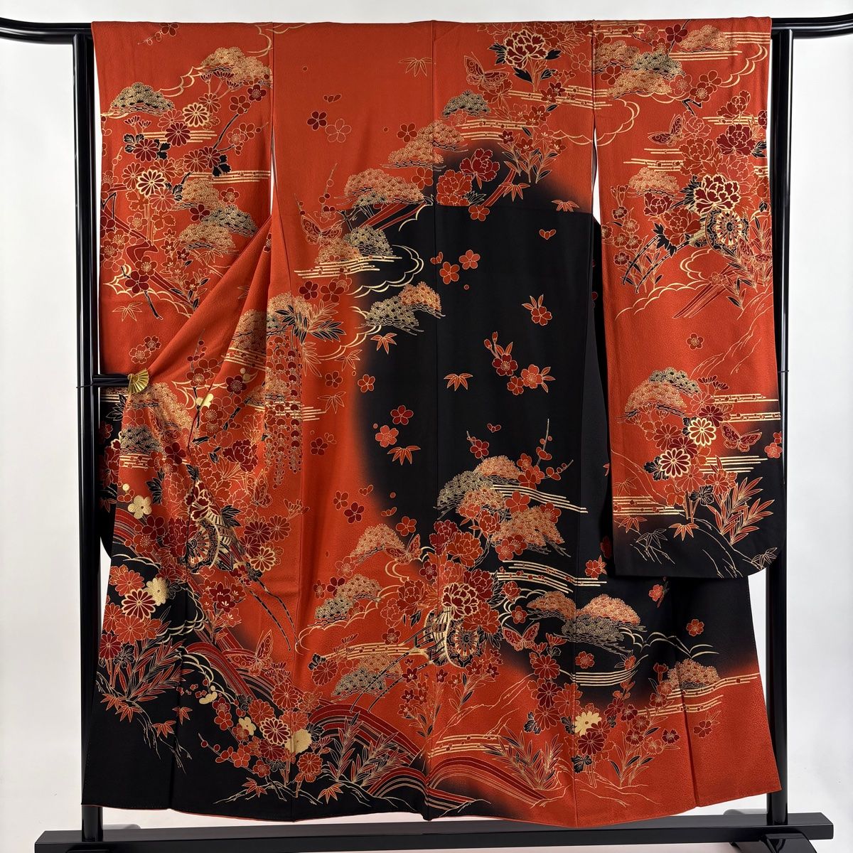 振袖 身丈153.5cm 裄丈63cm S 袷 花車 草花 金彩 染め分け オレンジ 正絹 秀品