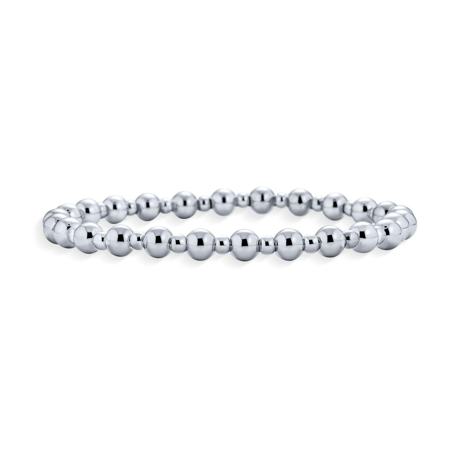 在庫処分 Jewelry Bling モダンクラシックな磨きのかかった丸い交互に配置された3-5mmまたは5-8mmのボールビーズボロスライドストレッチブレスレット 女性やティーンに輝く.925スターリングシルバー製
