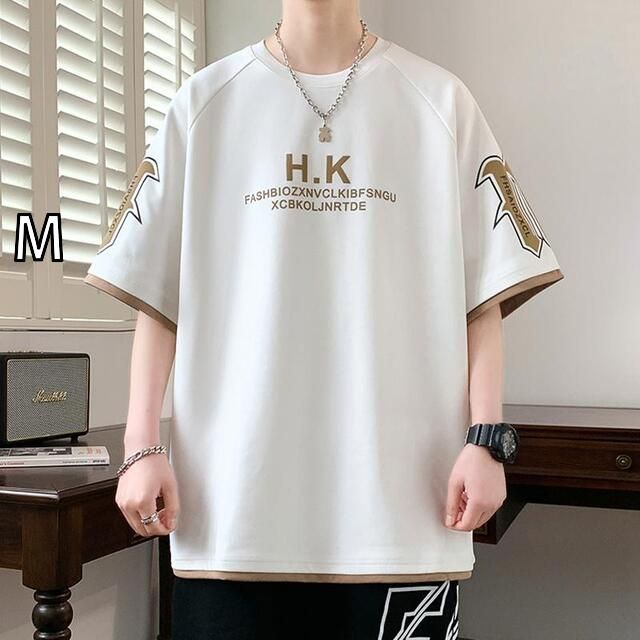 [M]メンズ ファッション 服 男性用 オシャレ シンプル 大人 かっこいい 大きいサイズ ストリート 紳士服 フェイク ツーピース 半袖 T シャツ 夏 レター プリント 半袖 トップス ファッション シャツ T