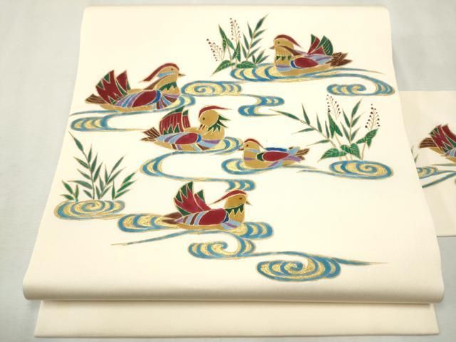 平和屋着物○京刺繍作家 合田峰太郎 九寸名古屋帯 流水鴛鴦文 金彩
