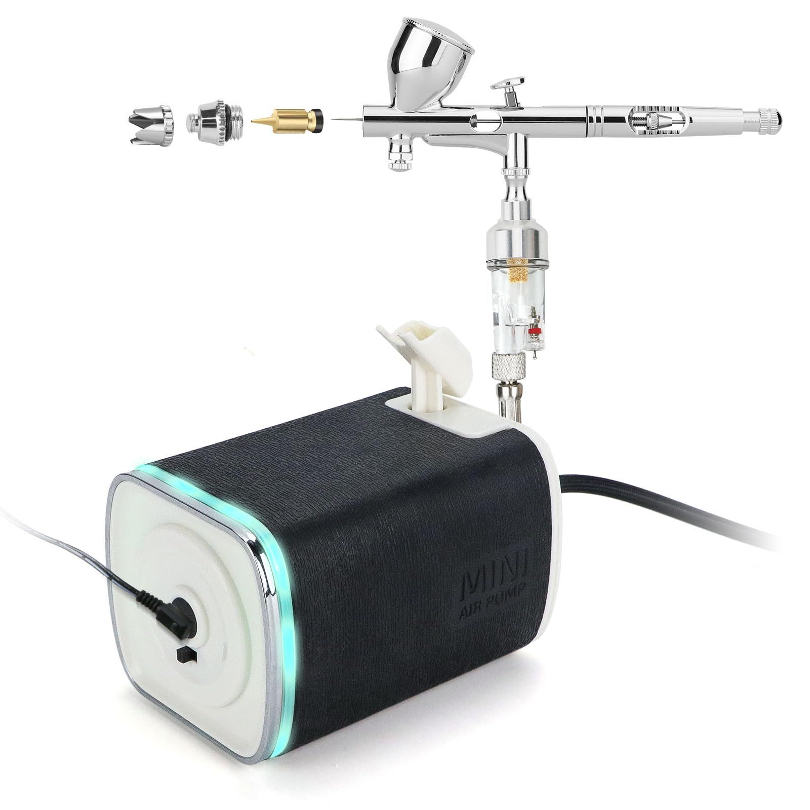 Anesty AQuieto 静音 エアブラシ コンプレッサー セット 工具不要の簡単着脱ノズル 0.3mm口径 エアーブラシ 安定した空気圧 小型 軽量 エアブラシセット