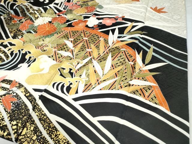 平和屋着物●創業460年・千總　振袖　駒刺繍　竜田川籬橘牡丹花文　金彩　正絹　逸品　CAAW7857yc 平和屋着物○創業460年・千總 振袖 駒刺繍 竜田川籬橘牡丹花文 金彩