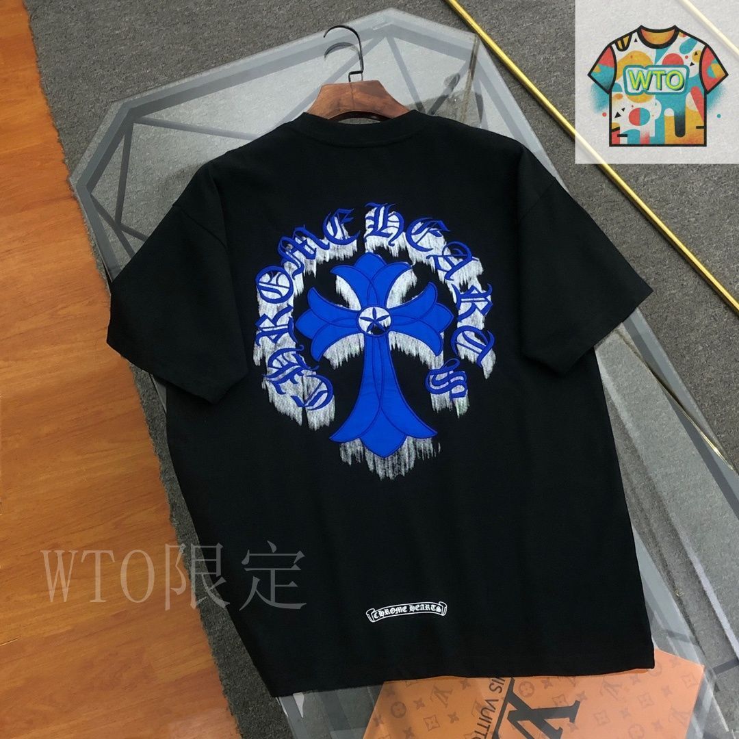新品未使用 Chrome hearts 黒 Tシャツ バックプリント 青い刺繍 今日特価】Chrome Hearts 2025 Tee クロムハーツ 刺繍