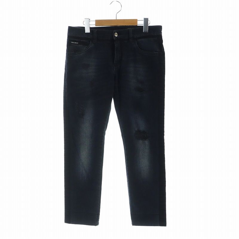 ドルチェ-ガッバーナ ドルガバ DOLCE-GABBANA スキニー SKINNY デニムパンツ ジーンズ ダメージ加工 ロゴ ジップフライ 46 紺 ネイビー GY19 |MQ