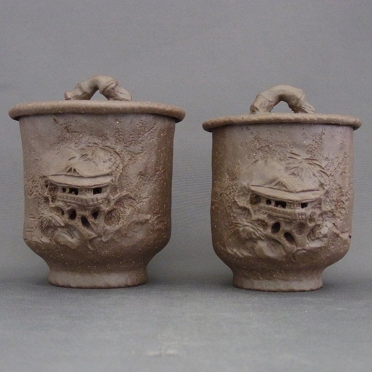 豊山造 万古焼 手捻り蓋付 組湯呑 風景図