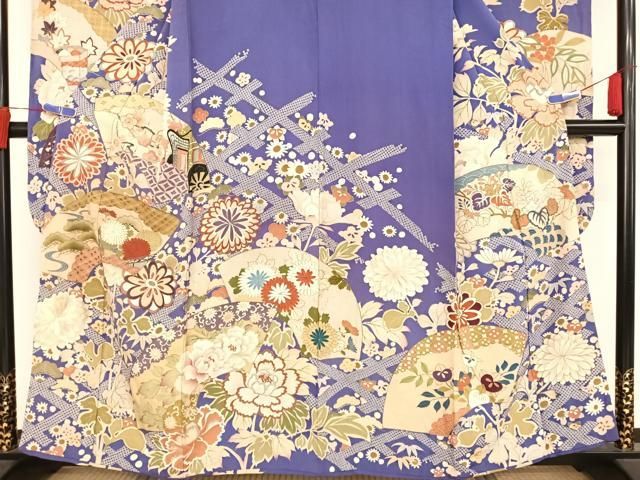 ❤️大人可愛い小紋袷　型染め花蝶風景文様　鬼シボ縮緬✨超美品トールサイズ　新品畳紙 平和屋着物▽上質な小紋 単衣 地紙御所車花文 金彩 鬼