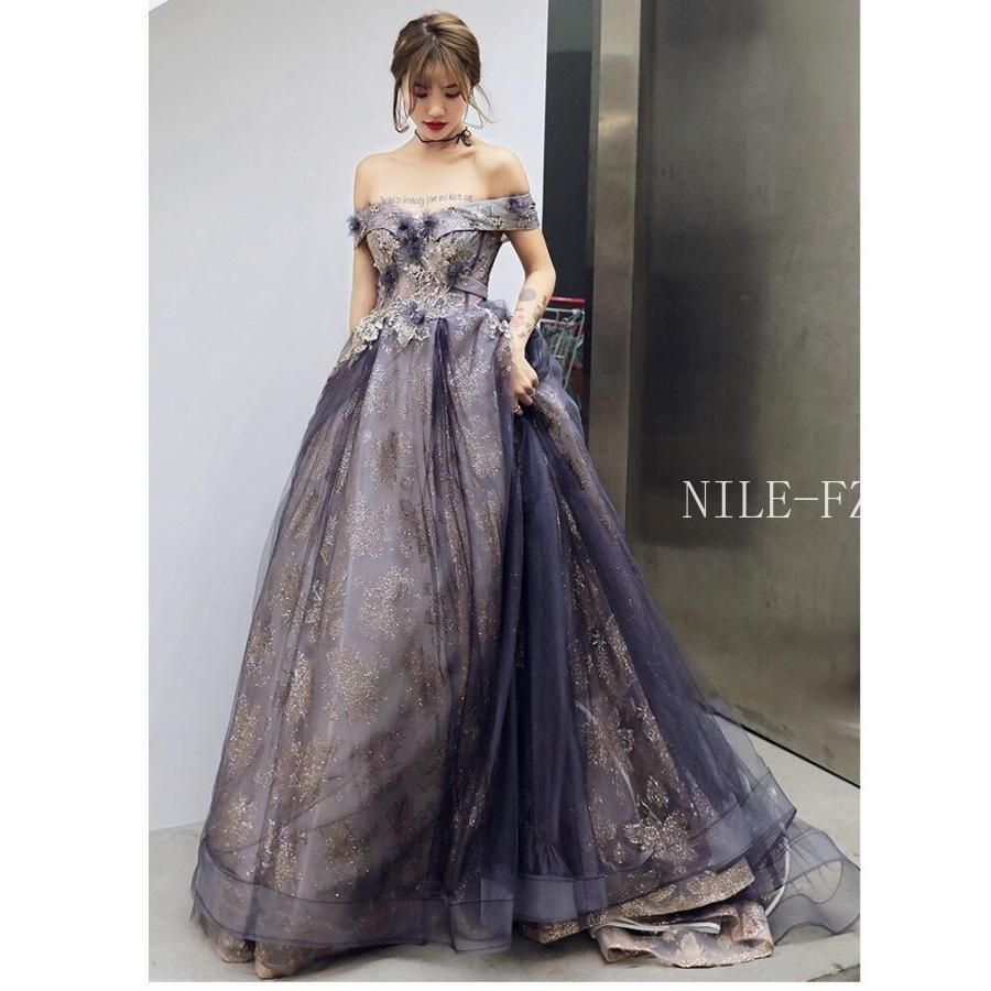 オフショルダー ロング丈ドレス ウエディングドレス パーティードレス ステージ衣装 二次会 Aラインワンピース 結婚式ドレス 披露