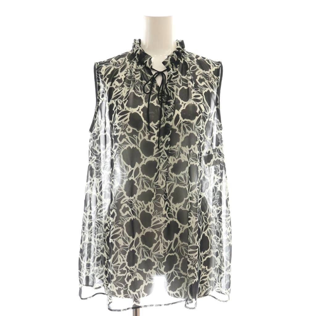 アナイ ANAYI 23AW ラインフラワープリントギャザー ブラウス ノースリーブ プルオーバー 38 黒 白 |NR OS