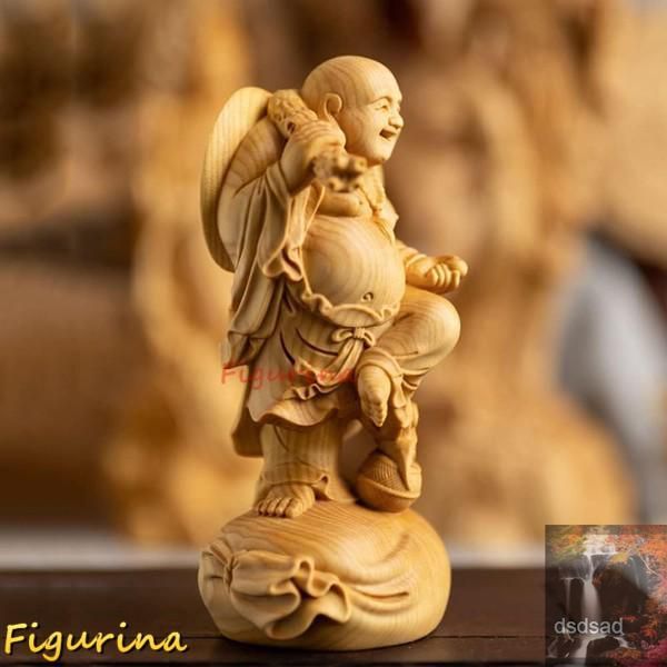 仏像 木彫り 布袋様の置物 高級天然ツゲ木彫り 金運 お守り(Size:高さ