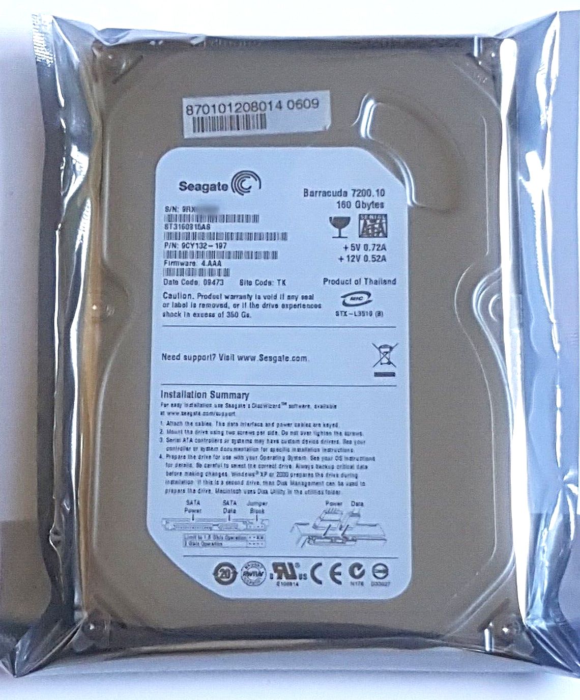 160 GB SATA Seagate Barracuda 7200.10 ST3160315AS 8MB Hard Drive 3.5