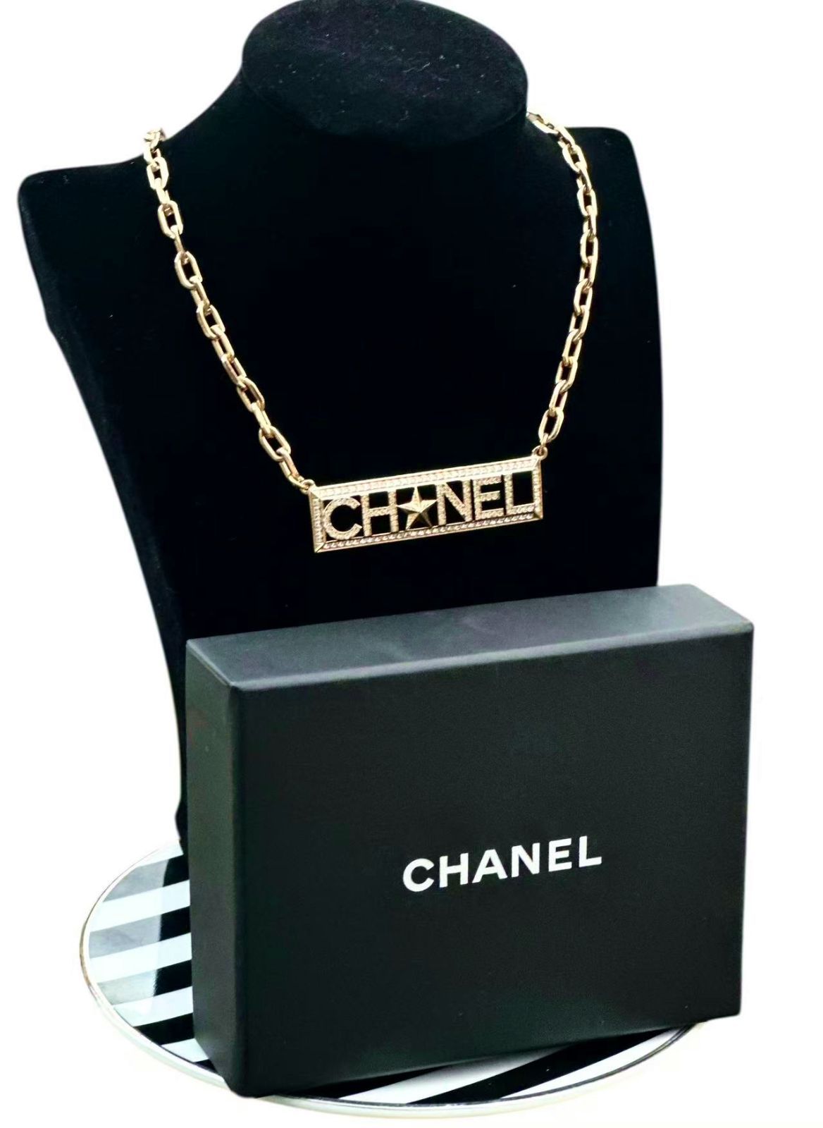 超 本物 CHANELシャネルアルファベット星スターロゴペンダントラインストーンチェーンGPネックレスチョーカーネックレス刻印あり